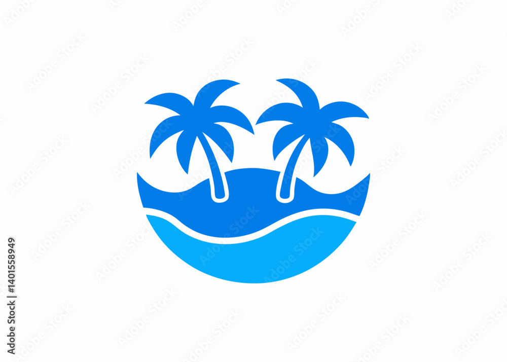 Obraz premium Tropical Paradise Illustration: Captivating illustration showcases the serenity of a tropical paradise, featuring azure waters and swaying palm trees.