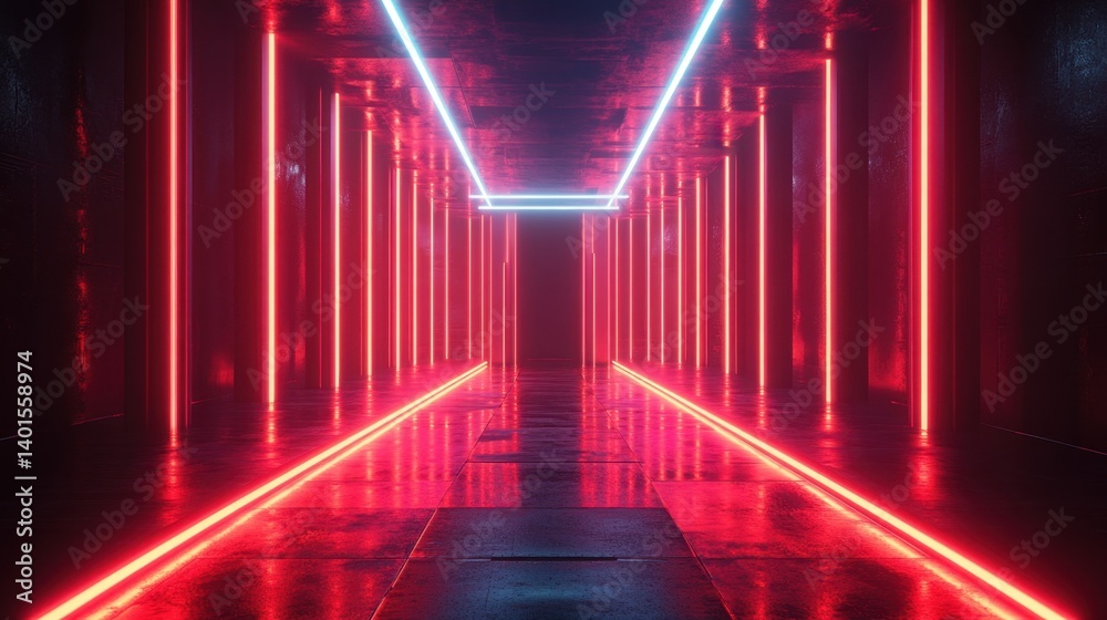 Neon-lit corridor with vibrant red and blue vertical lines creating a futuristic, immersive tunnel perspective Neon-lit corridor with vibrant red and blue vertical lines creating a futuristic, immersive tunnel perspective