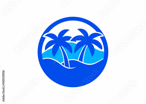 Tropical Island Emblem: A stylized emblem featuring two iconic palm trees silhouetted against the serene backdrop of the ocean, symbolizing the idyllic essence of a tropical paradise.