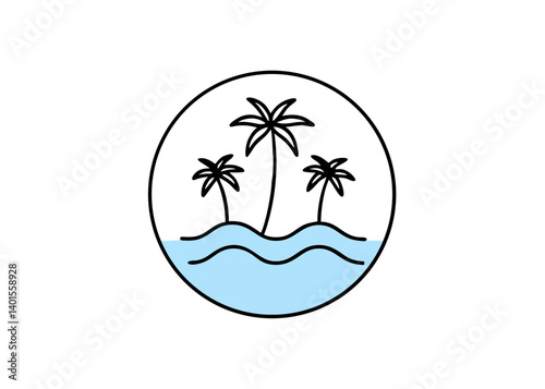 Island Paradise: A minimalist illustration of a tropical island scene, featuring three elegant palm trees on a small landmass amidst gentle blue waves, all encircled within a simple line.