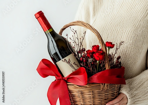 Woman holding a gift basket with a red ribbon bow, flowers, and a bottle of wine for Valentine's Day, isolated on a white background