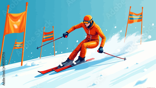 Male skier racing downhill around slalom gates with speed and precision, winter sports energy in vivid vector style.