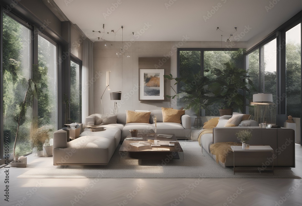 Fototapeta premium interior garden living view room modern design sofa beautiful decor tree space home wall three-dimensional luxury window background rendering dining minimal light house white pattern pantry