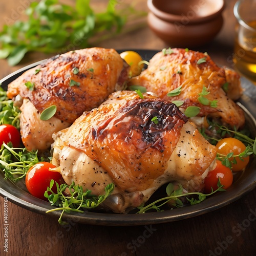 Roasted Chicken Thighs, Plate, Table photo