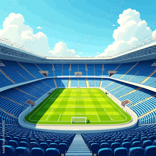 Vast football stadium with striped grass field and thousands of blue seats under a sunny sky, ready for a major match.