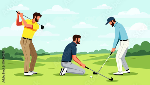  Group of animated golfers practicing together, one swinging while others assist with alignment and preparation.