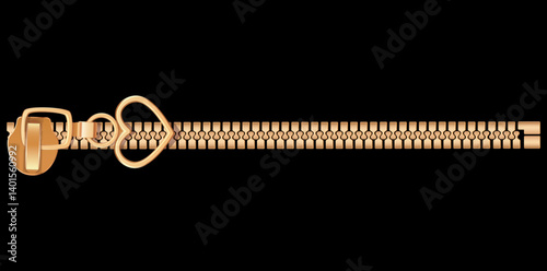 Realistic Golden Zipper Isolated On Black Background, Zip With Metal Puller Vector Illustration.

