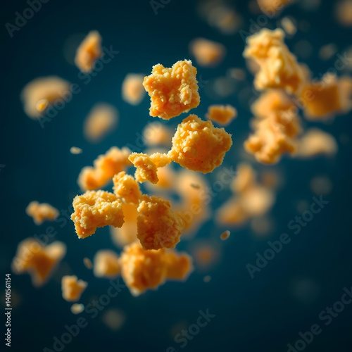 Crispy Fried Chicken Crumbs Floating in Air