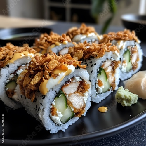 Crispy Chicken Sushi Rolls with Fried Onions and Creamy Sauce