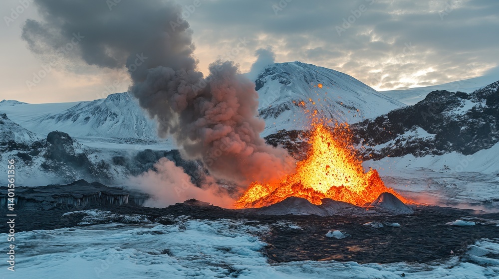 Fototapeta premium Iceland volcano eruption landscape nature photography volcanic activity lava flow smoke and ash scenic view