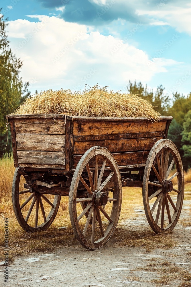 Golden flax stalks are methodically placed in a charming wooden cart, surrounded by a harvested field. Wispy clouds meander through the broad blue sky, fostering a tranquil mood Golden flax stalks are methodically placed in a charming wooden cart, surrounded by a harvested field. Wispy clouds meander through the broad blue sky, fostering a tranquil mood