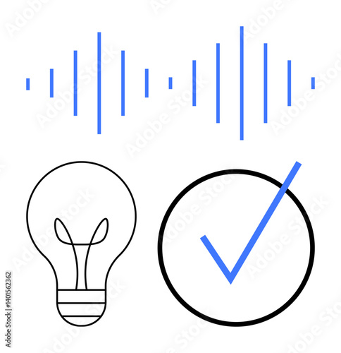 Vertical audio waveform, minimal light bulb outline, and check mark inside a circle. Ideal for innovation, technology, decision-making, problem solving, communication creativity success. Flat