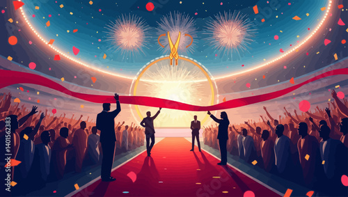 Grand stadium ribbon-cutting event with fireworks, confetti, and a red carpet welcoming crowd in a festive scene.