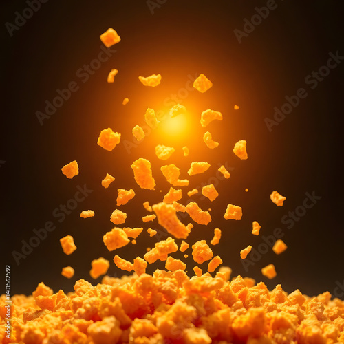 Crispy Fried Chicken Crumbs Floating in Air