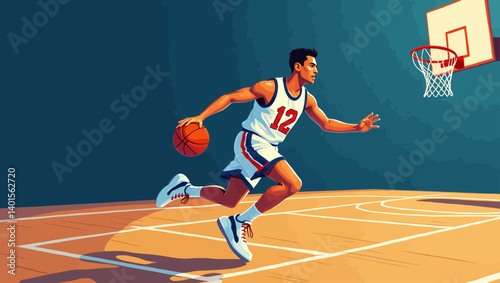 Vector basketball player dribbling on court towards hoop with dynamic motion and spotlight.
