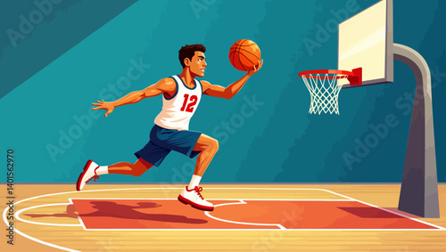 Basketball player making a fast approach to the hoop for a layup during a focused moment in the game.