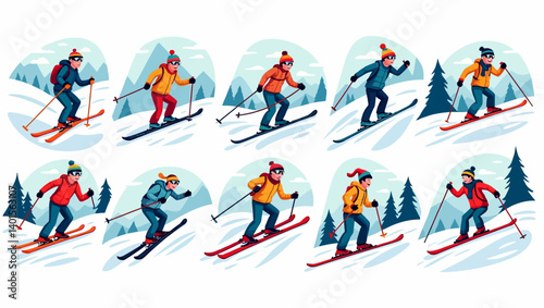 Set of ten male skiers in various skiing poses on snowy slopes with pine trees and mountains in background.