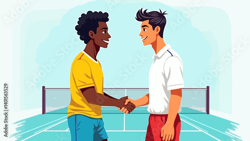 Stylized handshake scene between two tennis players at the net on a bright and vibrant tennis court.