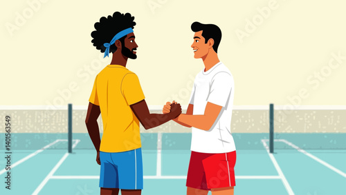 Vector illustration of two male tennis players giving a firm sportsman handshake on an indoor court.