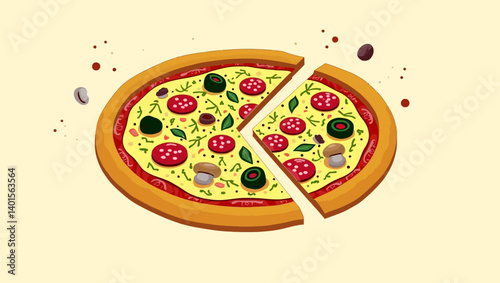 Tasty vector pizza illustration featuring sliced pepperoni, olives, and mushrooms on a light beige background.