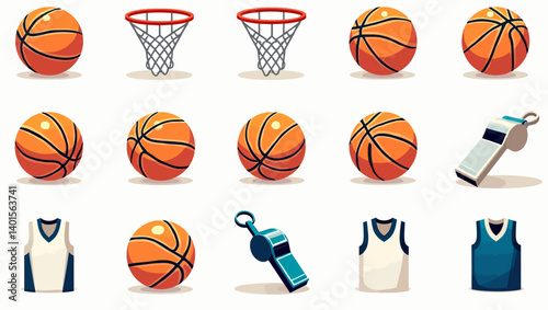 Set of basketball icons including balls, hoops, whistles, and jerseys in a flat modern style.