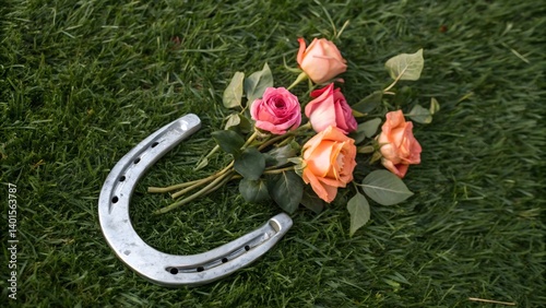 Lucky Horseshoe with Roses on Grass – Rustic Floral Good Luck Symbol

 photo