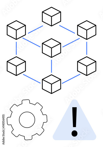 Cubes connected by lines in a network, gear symbolizing system settings, and warning triangle for error or alert indication. Ideal for technology, blockchain, security, data structure, system