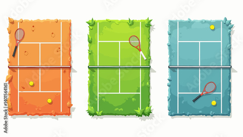 Vector illustration of three tennis courts in clay, grass, and hardcourt surfaces with rackets and balls.