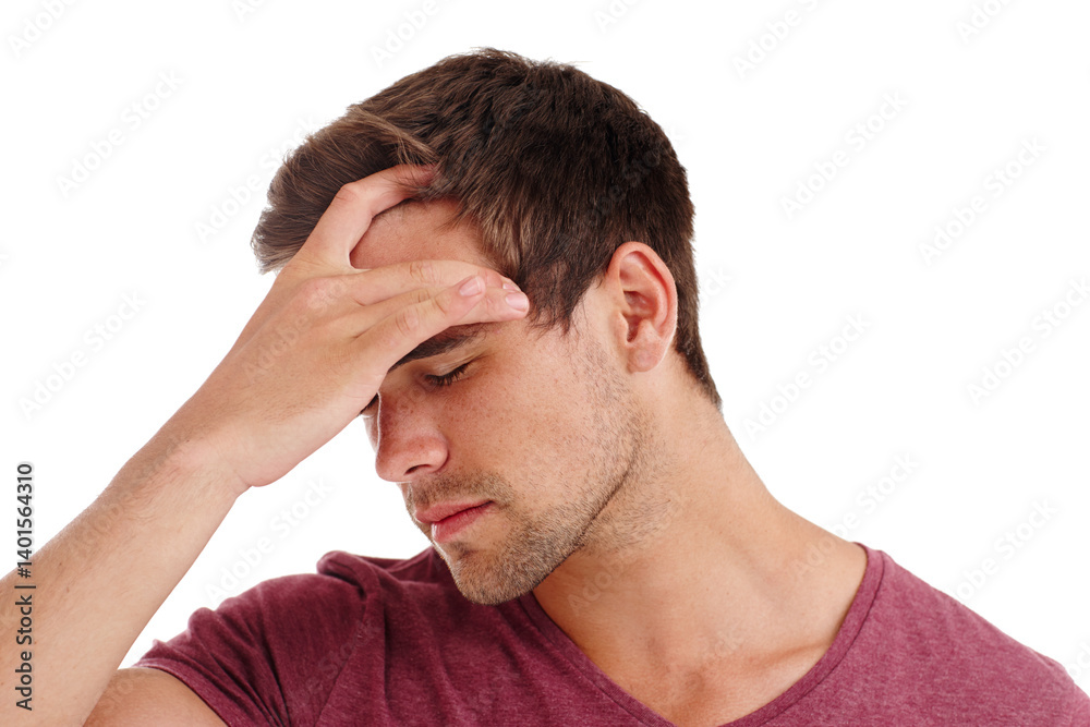 Headache, stress and man in studio with vertigo, tension or mental health crisis on white background. Anxiety, migraine and dizzy model overthinking mistake, fail or brain fog, conflict or disaster Headache, stress and man in studio with vertigo, tension or mental health crisis on white background. Anxiety, migraine and dizzy model overthinking mistake, fail or brain fog, conflict or disaster