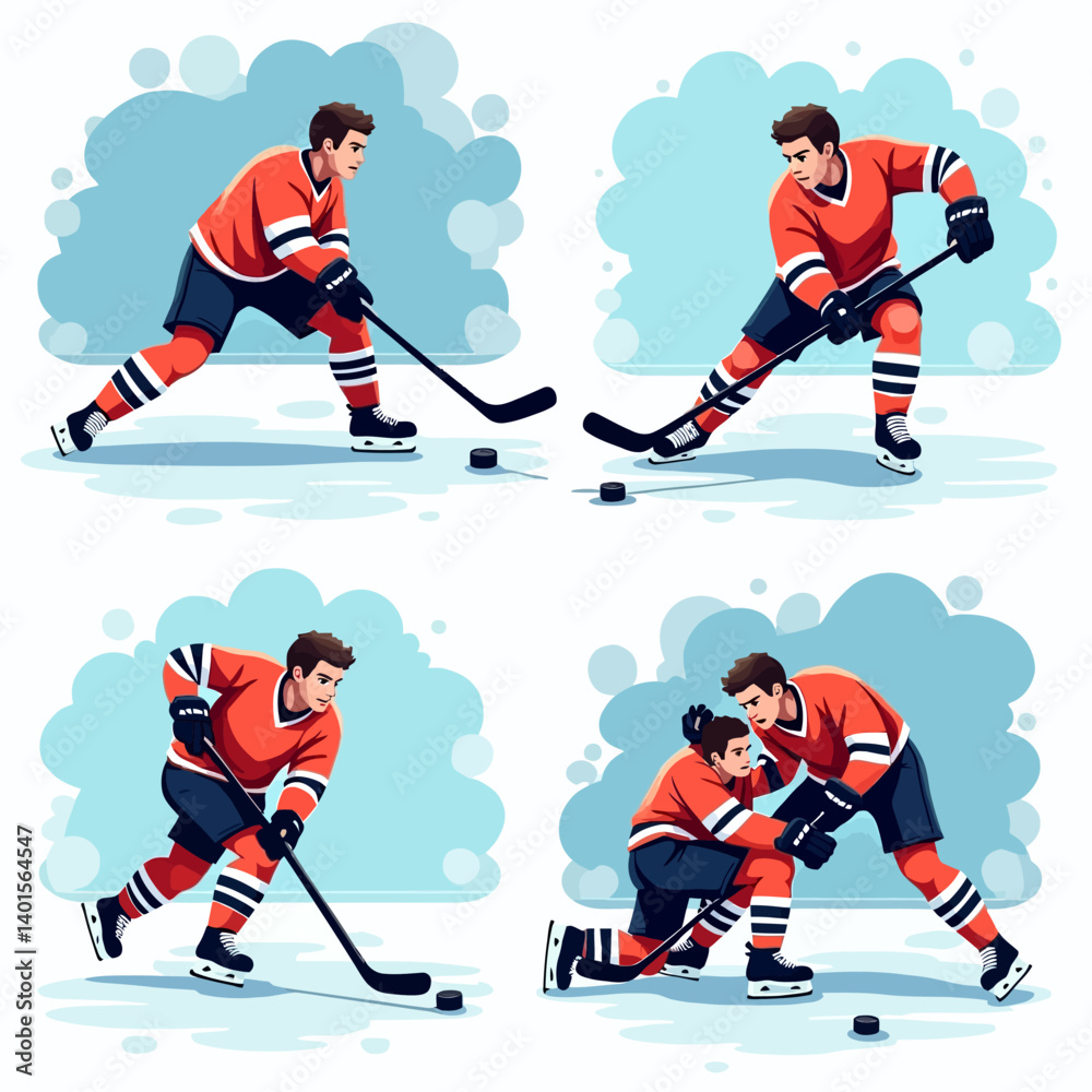 Vector illustration of hockey players in orange uniforms showcasing powerful puck plays in snowy ice rink environment.