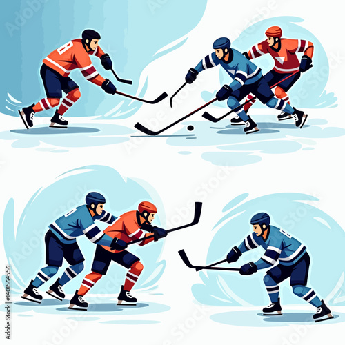 Intense ice hockey match with opposing teams clashing and stick fighting in mid-game puck pursuit.