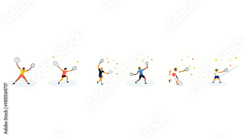 Set of tennis players performing dynamic strokes with rackets and tennis balls in various poses on white background.