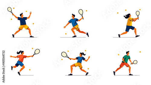 Tennis players in action-packed vector style performing athletic moves with rackets on a bright, minimal background.