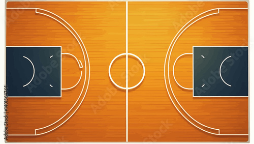 Overhead view of a wooden basketball court with navy blue key areas and clean white line markings for gameplay design.