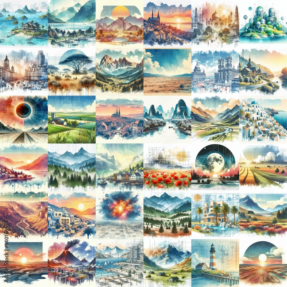 Fototapeta premium Different landscapes. Watercolor drawing. AI generated illustration