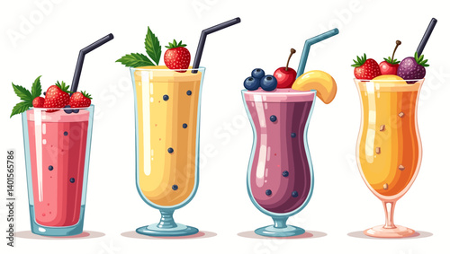 Colorful smoothie glasses in a vector style with fresh fruits and straws on a white background.
