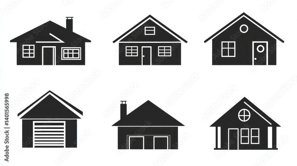 Illustrated icons featuring different styles of residential home structures Illustrated icons featuring different styles of residential home structures