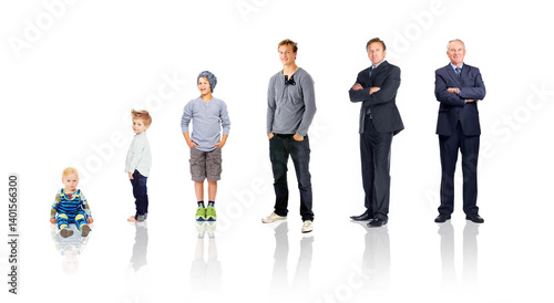 Photography Baby, child and life cycle of a man for age, growth and future of a growing kid and senior in studio