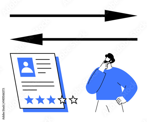 Man pondering over a document with star ratings, guided by two opposing directional arrows. Ideal for decision-making, comparison, judgment, performance review, evaluation, career assessment