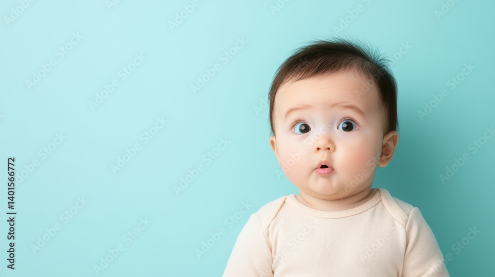 Curious baby with astonished expression on pastel blue background, adorable infant portrait, wide eyes, innocent wonder Curious baby with astonished expression on pastel blue background, adorable infant portrait, wide eyes, innocent wonder