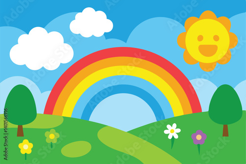 spring landscape with rainbow