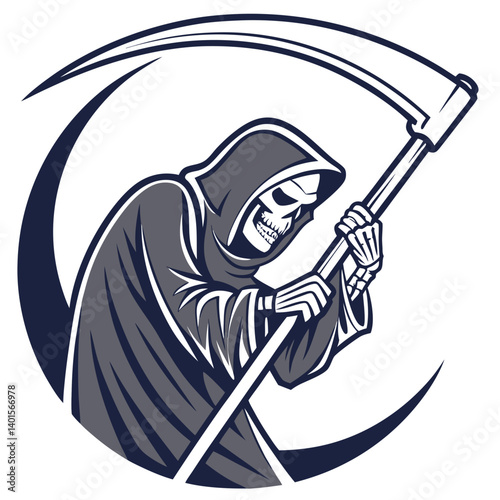 Grim Reaper Vector Illustration with Scythe in Monochrome Style


