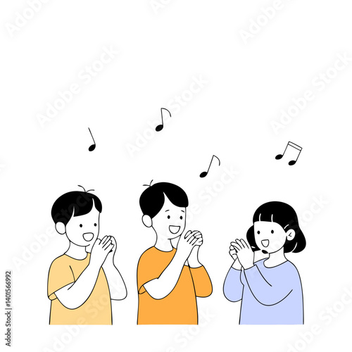 Kids Singing Vector Illustration with Musical Notes and Clapping

