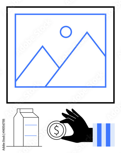 Hand holding coin symbolizing value, mountain art reflecting creativity, and milk carton suggesting sustainability. Ideal for finance, eco-awareness, minimalism, creativity, investment, simplicity