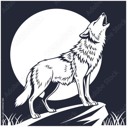 Howling Wolf Vector Illustration with Full Moon Background

