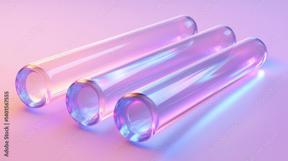 Iridescent glass tubes lie on a soft purple surface, reflecting vibrant light and creating a futuristic, clean aesthetic Iridescent glass tubes lie on a soft purple surface, reflecting vibrant light and creating a futuristic, clean aesthetic