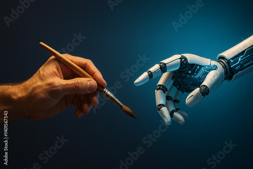 An artist's hand with a brush reaches out to the metal hand of an artificial intelligence, creating a visual bridge between human creativity and the power of machines