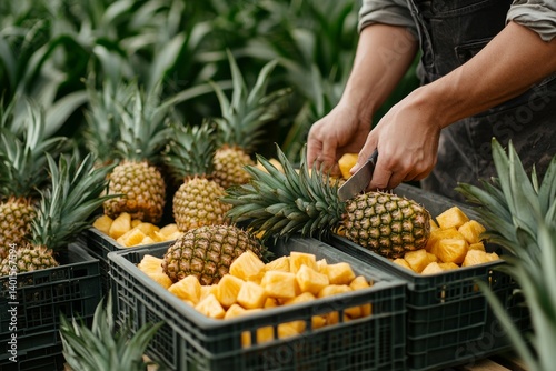 In a quiet setting filled with tropical plants, a conscientious worker manually harvests fresh pineapples and delicately places them into a metal cart, showcasing their dedication to the agricultural