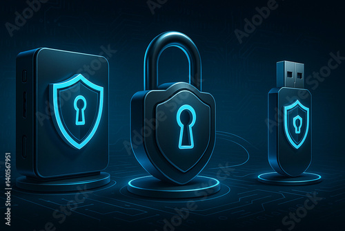 Cutting-edge data protection devices. In the center is a glowing lock symbolizing cybersecurity, on the sides is a secure external storage device and a USB device with a shield emblem