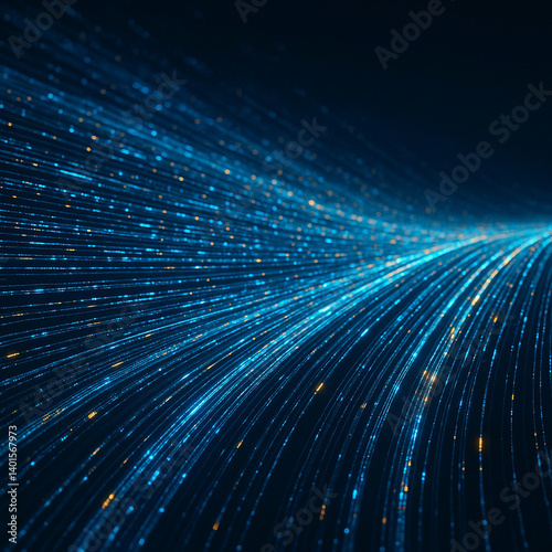 Data flow in the form of glowing lines and digital streams rushing through cyberspace. Bright blue and orange shades create the effect of movement and dynamics
